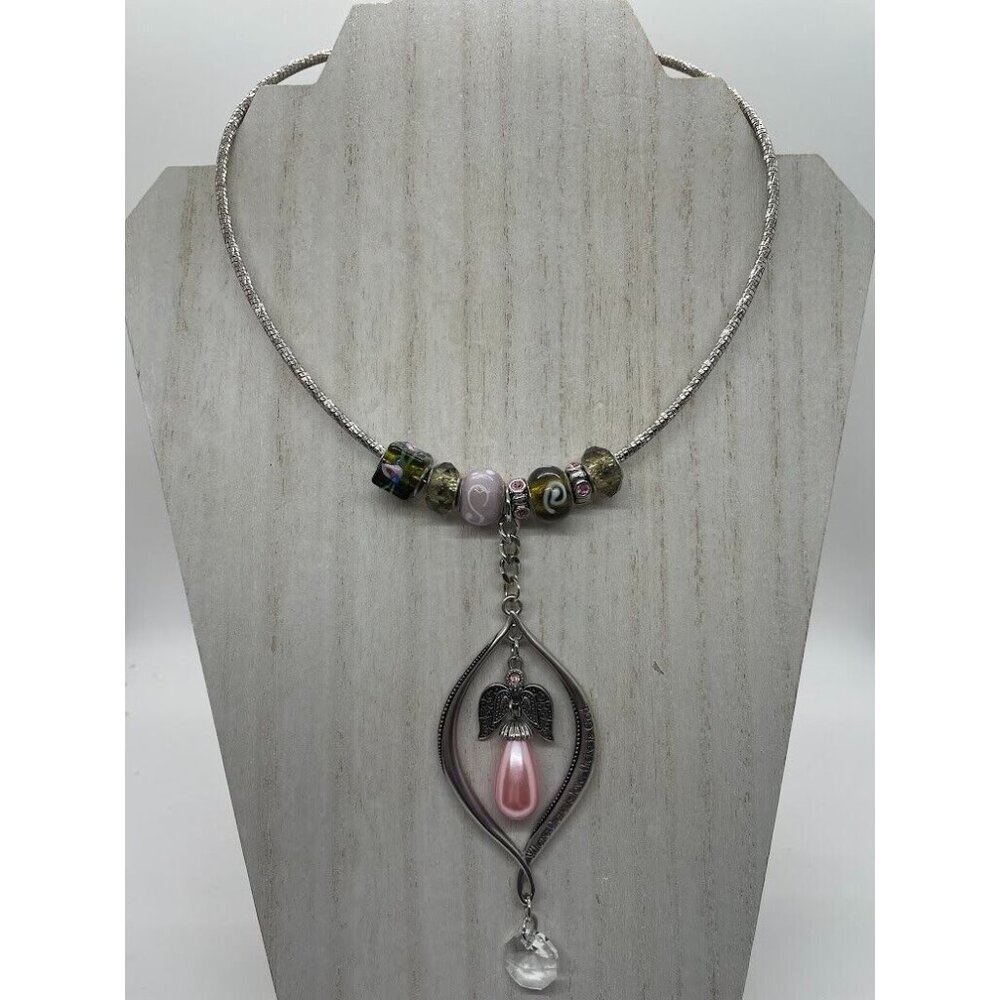Angel Pendant Necklace Glass Beads Silver Tone Pink Simulated Pearl Spiritual